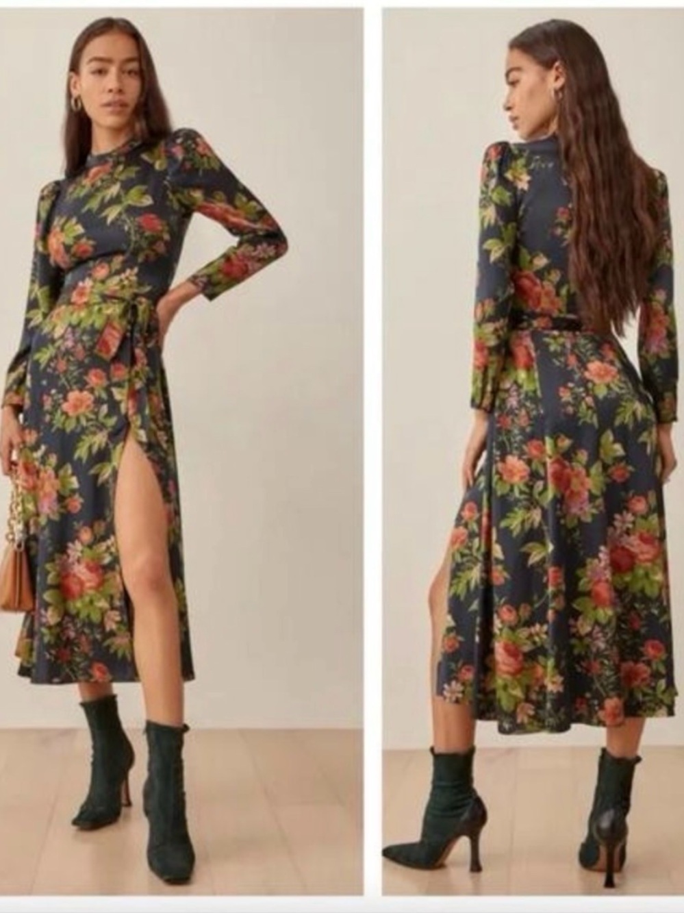 Reformation Navy Floral Long Sleeve Midi Dress - Juliette